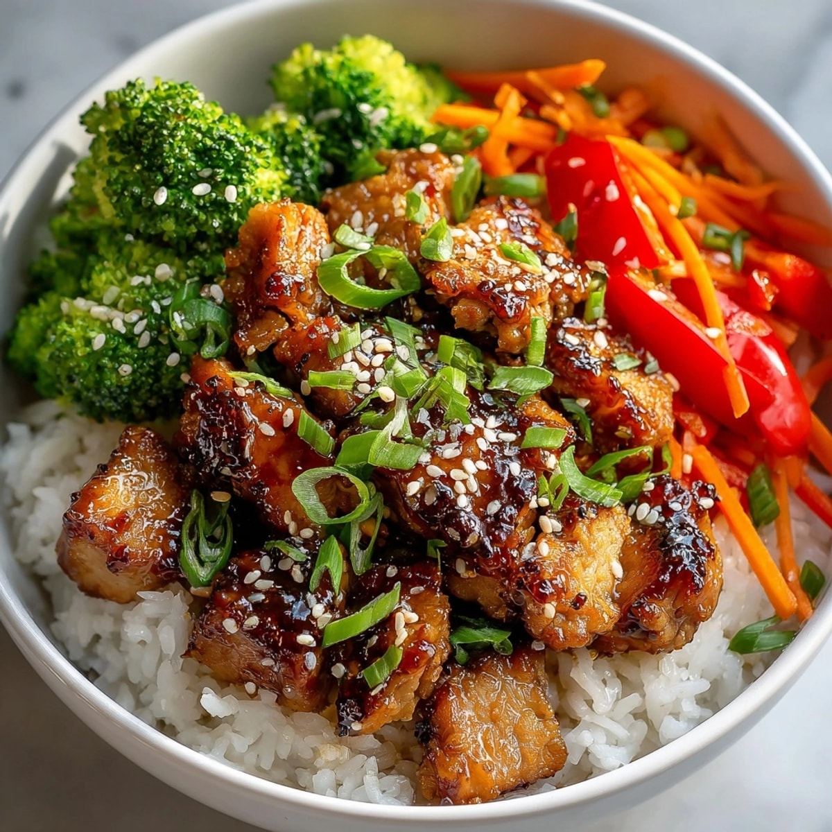 Teriyaki Chicken Bowls with Steamed Rice featuring glossy chicken, vibrant veggies, and fresh sesame garnish.