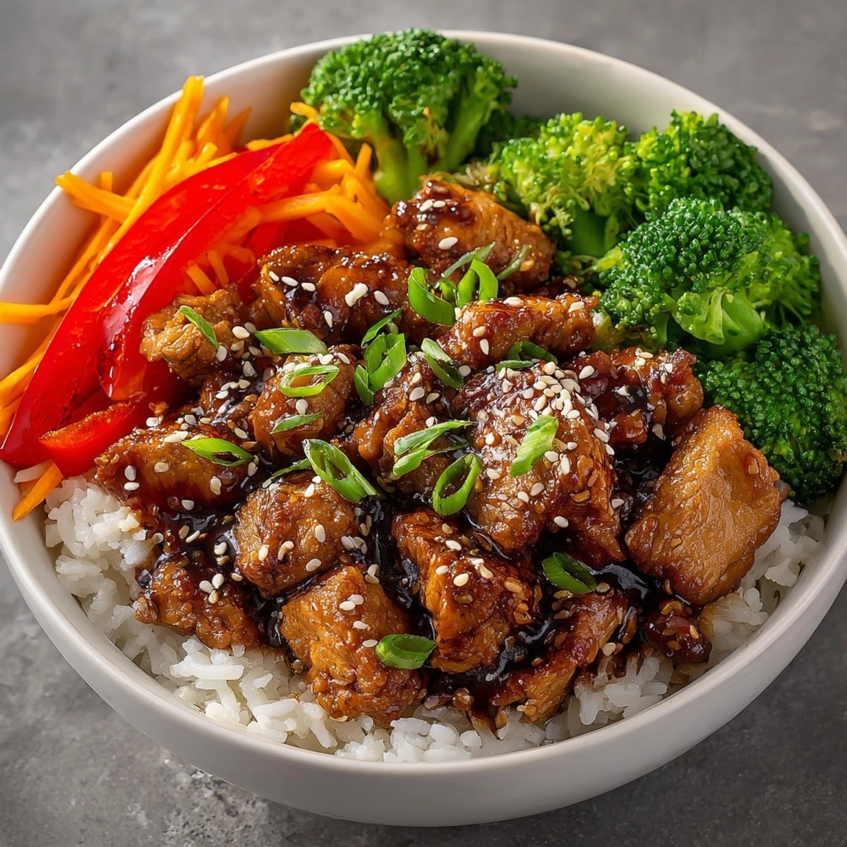 Close-up of Teriyaki Chicken Bowls with Steamed Rice, colorful vegetables, and fluffy white rice.