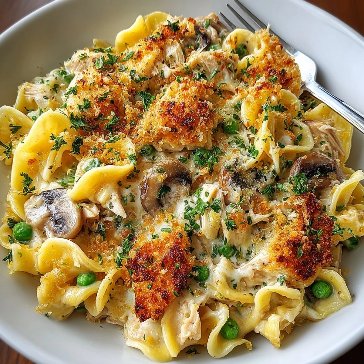 Classic tuna noodle casserole fresh from the oven, golden panko topping and bubbling creamy sauce