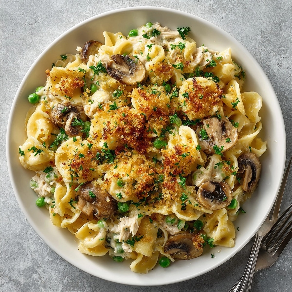 Classic tuna noodle casserole plated with crispy breadcrumbs, bright green peas, and parsley garnish for dinner
