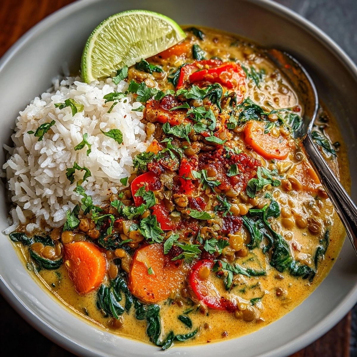Hearty Lentil and Vegetable Curry served over rice with fresh cilantro and lime wedges.