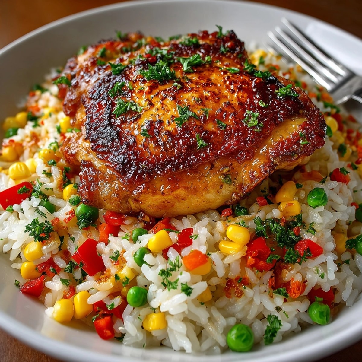 One-Pot Chicken and Rice Skillet cooked with golden chicken, colorful veggies, and savory herbs.