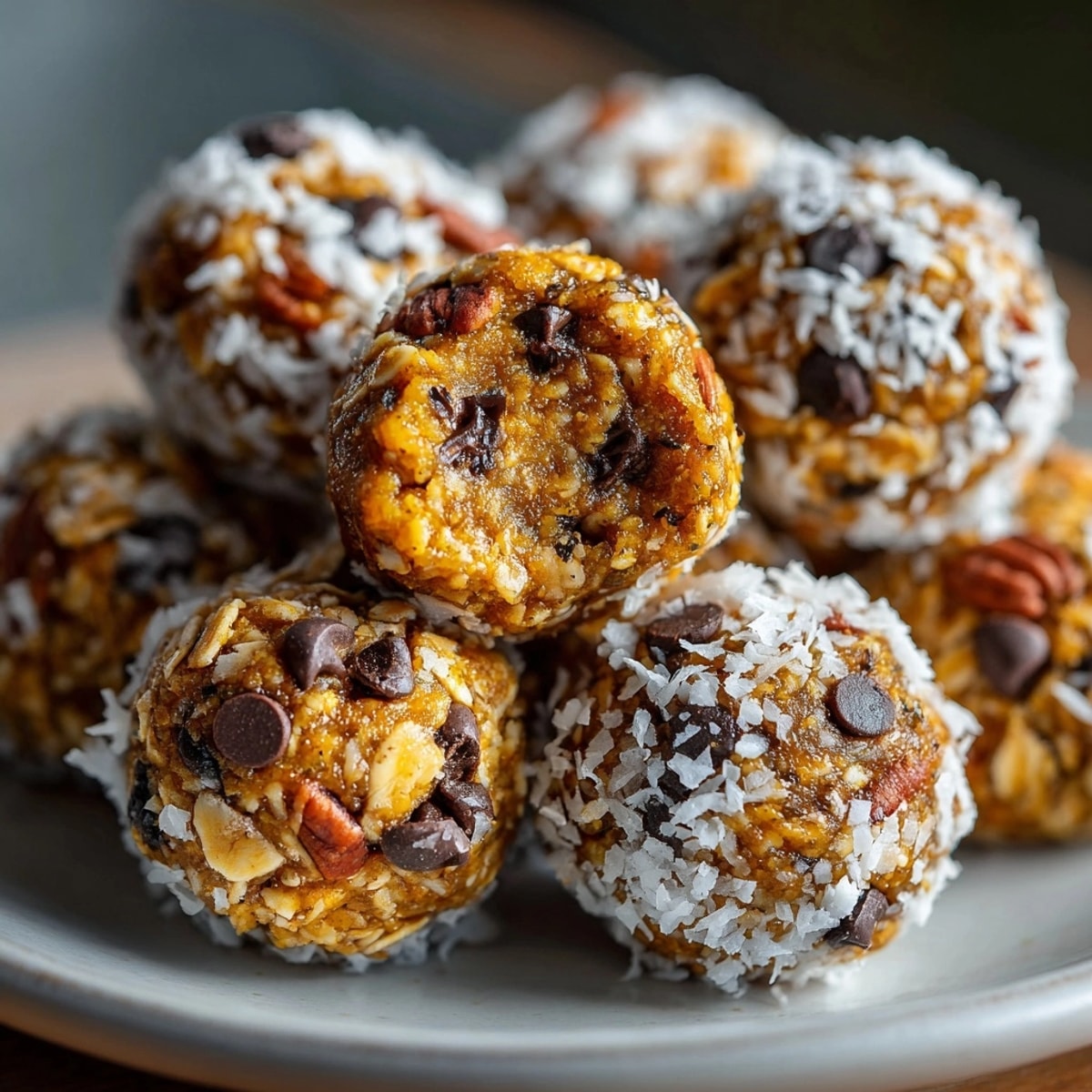 No-Bake Pumpkin Spice Energy Bites arranged on a rustic plate, highlighting creamy oats and warm spices.
