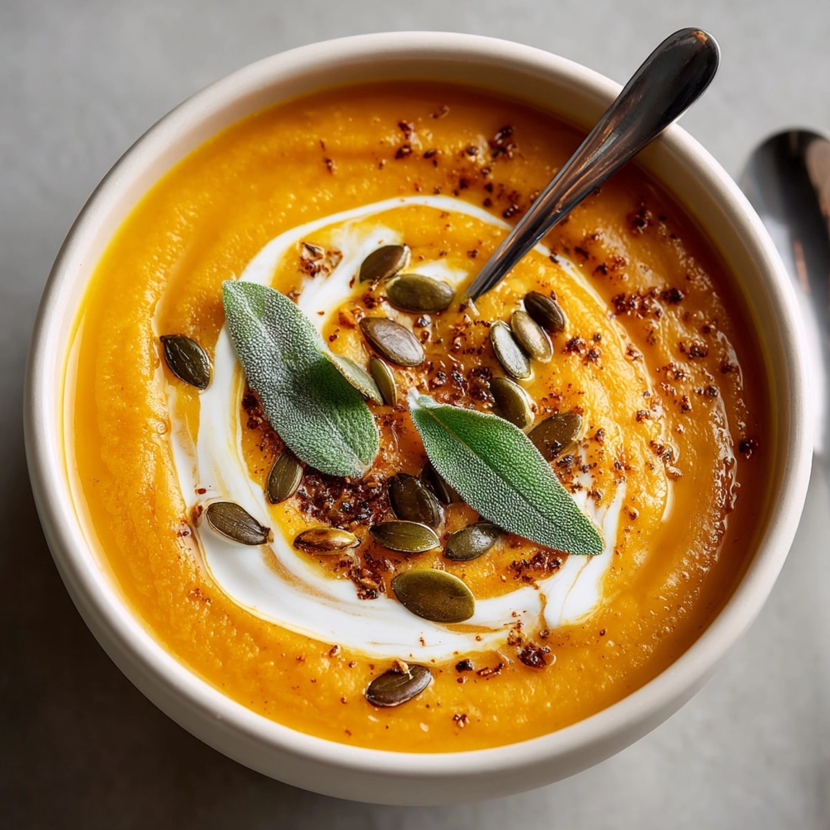 Roasted Butternut Squash and Apple Soup served hot in a bowl with toasted pumpkin seeds and fried sage garnish.