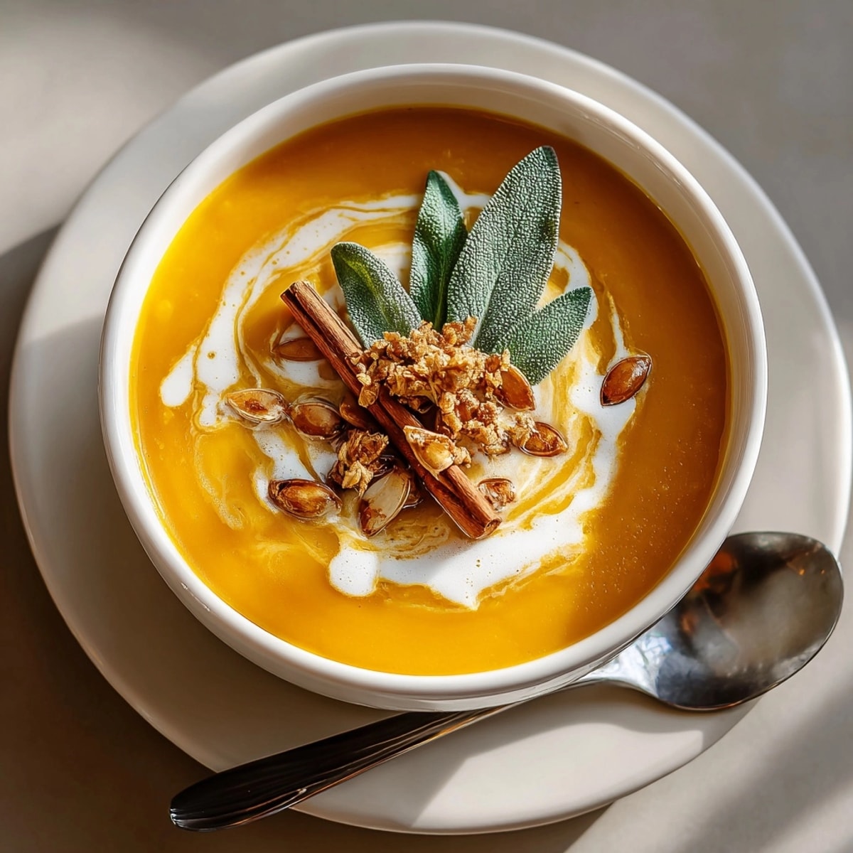 Hearty Roasted Butternut Squash and Apple Soup ladled for fall dinner, topped with fresh sage and pepitas.