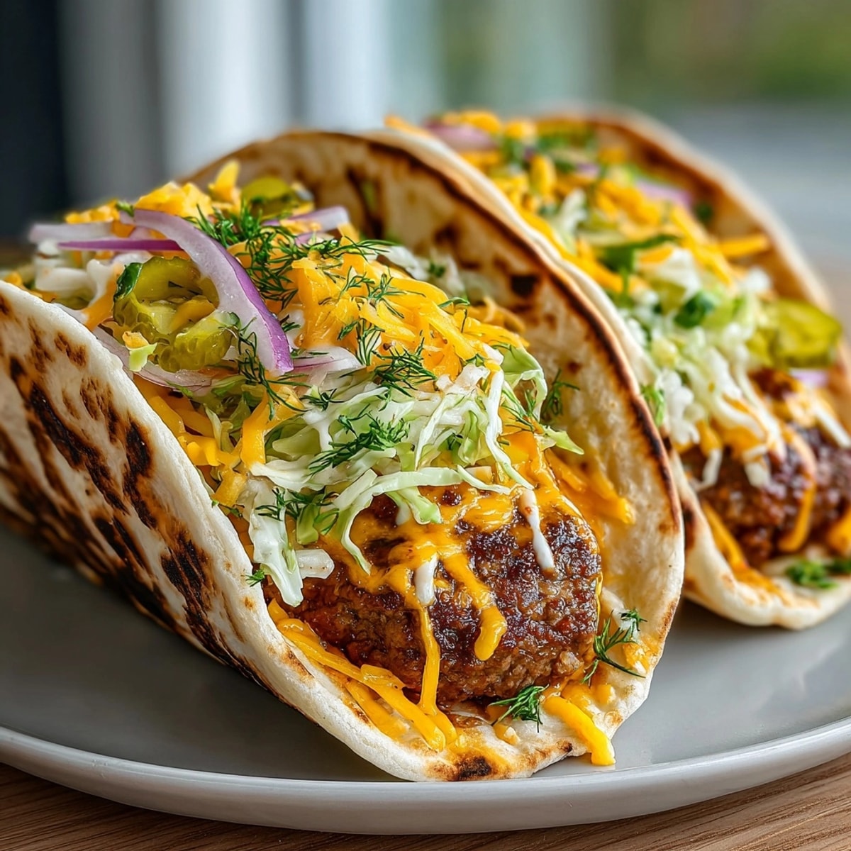Sizzling Pickle-Fix Smash Burger Tacos showcase juicy beef patties, vibrant dill slaw, and tangy burger sauce.
