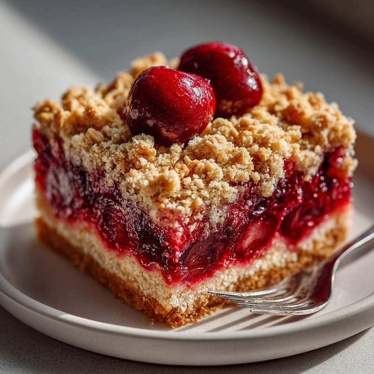 A close-up view of warm Cherry-Coded Sour Cherry Oat Crumble Bars, ready to be served and savored.