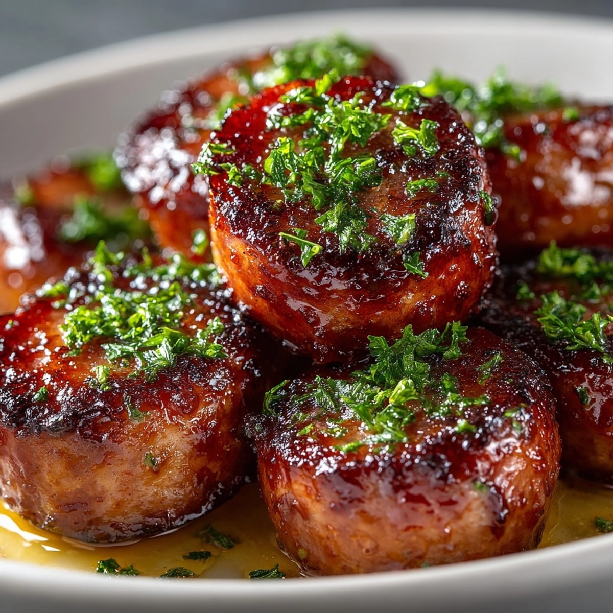 Rebel Float Cream Soda–glazed kielbasa skillet bites sizzling in a pan, glistening with a sweet and savory glaze.