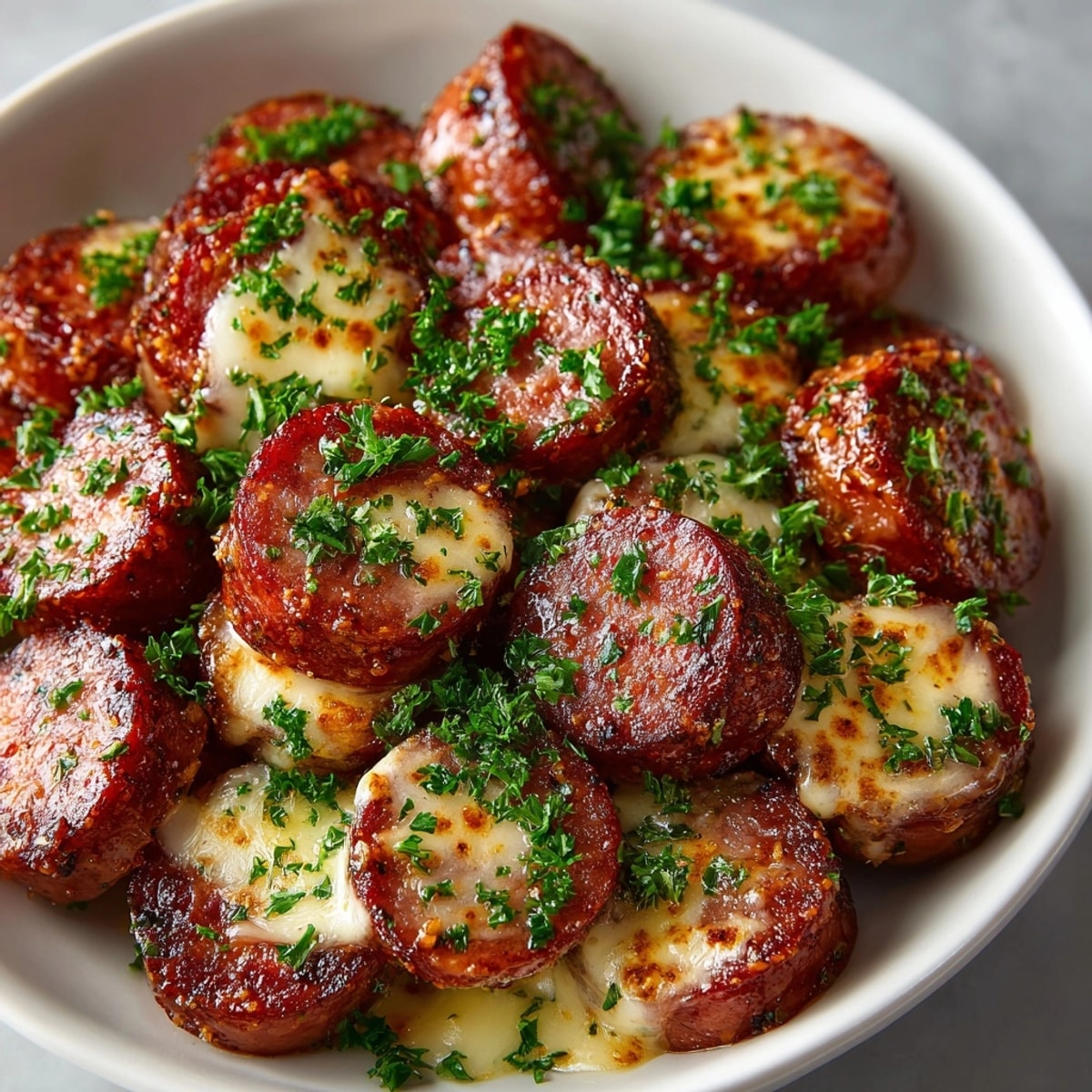 Sweet and smoky Rebel Float Cream Soda kielbasa bites, garnished with fresh parsley, ready to enjoy.
