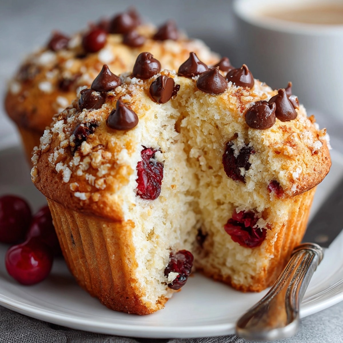 A close-up image of Cherry-Chip Pancake Muffins, fresh from the oven, bursting with cherries and chocolate.