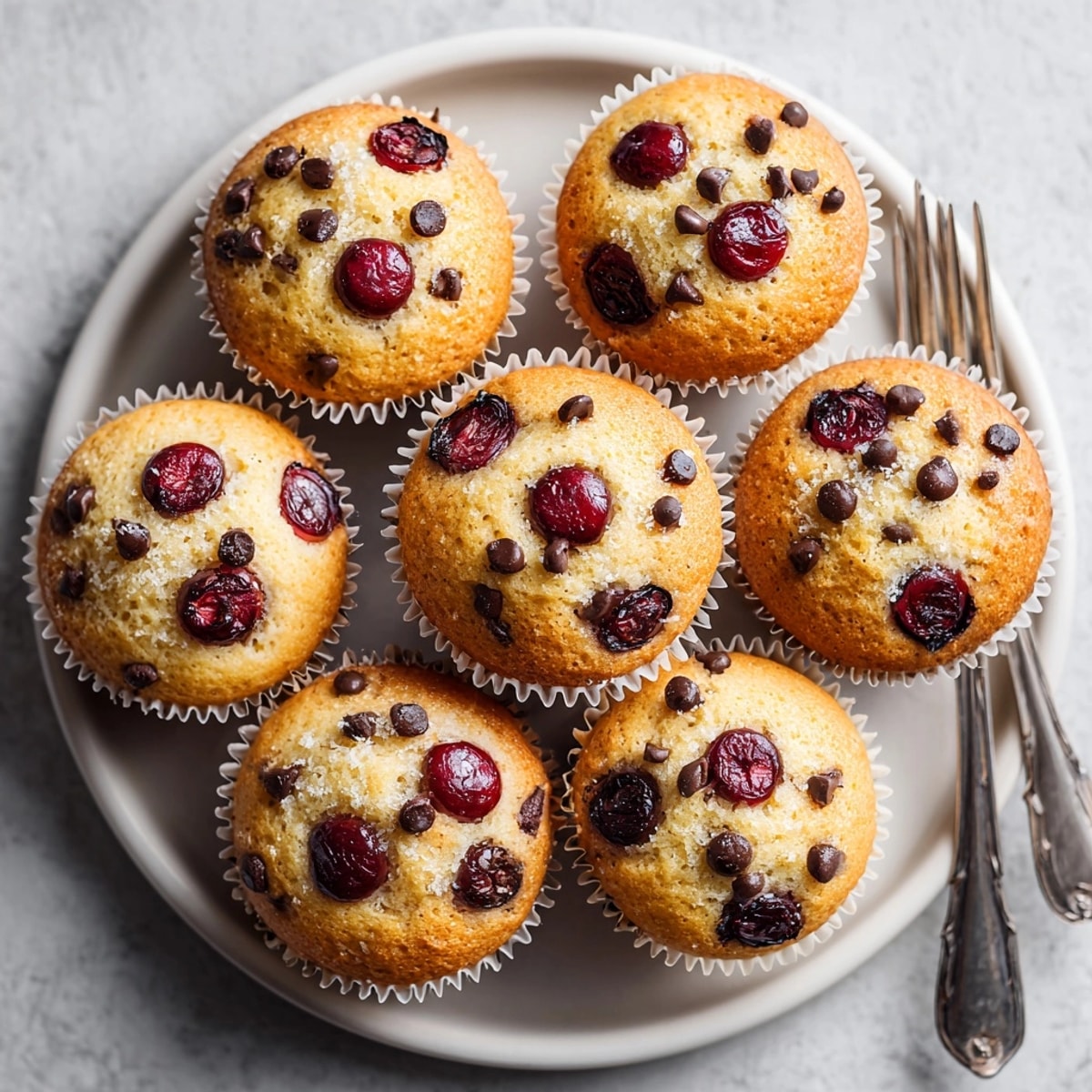 Warm, homemade Cherry-Chip Pancake Muffins, fluffy and delicious, perfect for a hearty breakfast treat or snack.