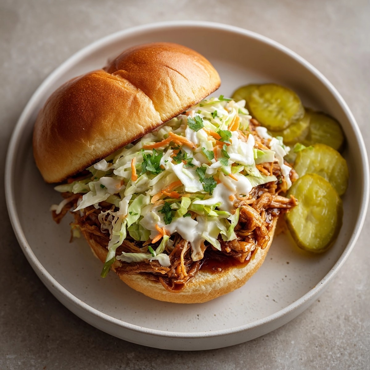 Close-up of the juicy Root Beer BBQ Pulled Mushroom Sandwiches with creamy slaw and pickles.