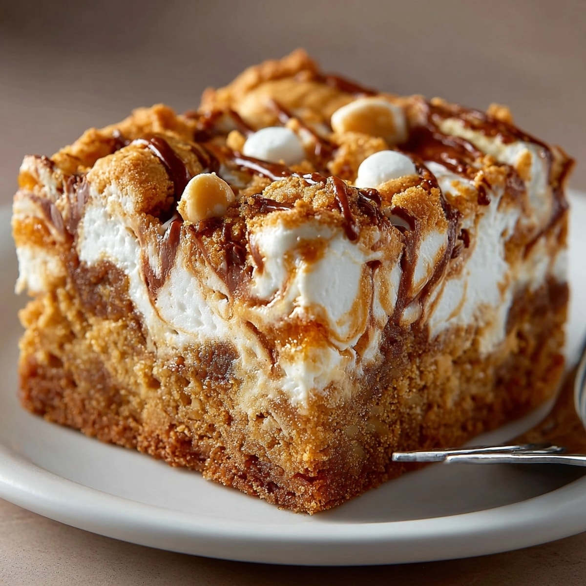 A freshly baked Chaos Cake Ginger Snap Blondies with a creamy marshmallow swirl, ready to be enjoyed.