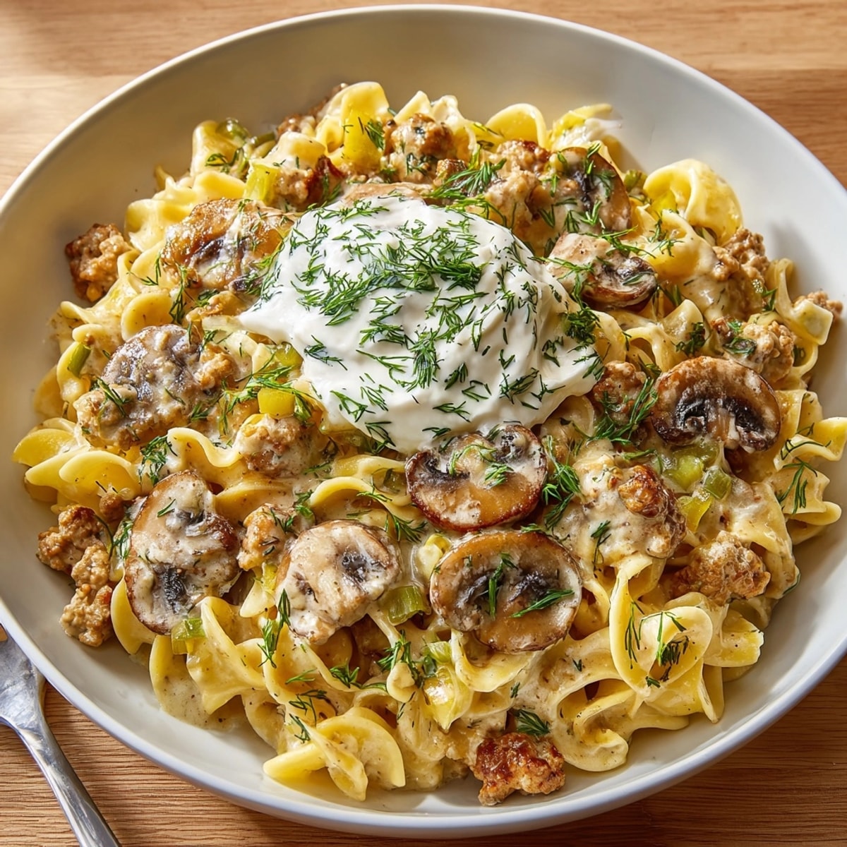 Creamy One-Pot Pickle-Fix Ranch Turkey Stroganoff, a comforting dish served with fresh dill.