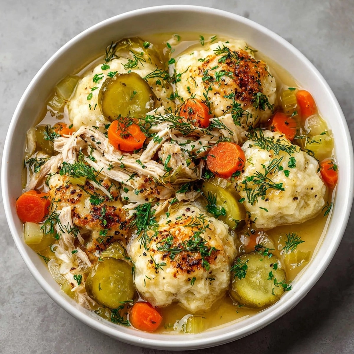 A steaming bowl of One-Pot Pickle-Fix Chicken and Dumpling Noodles offers a savory, satisfying meal.