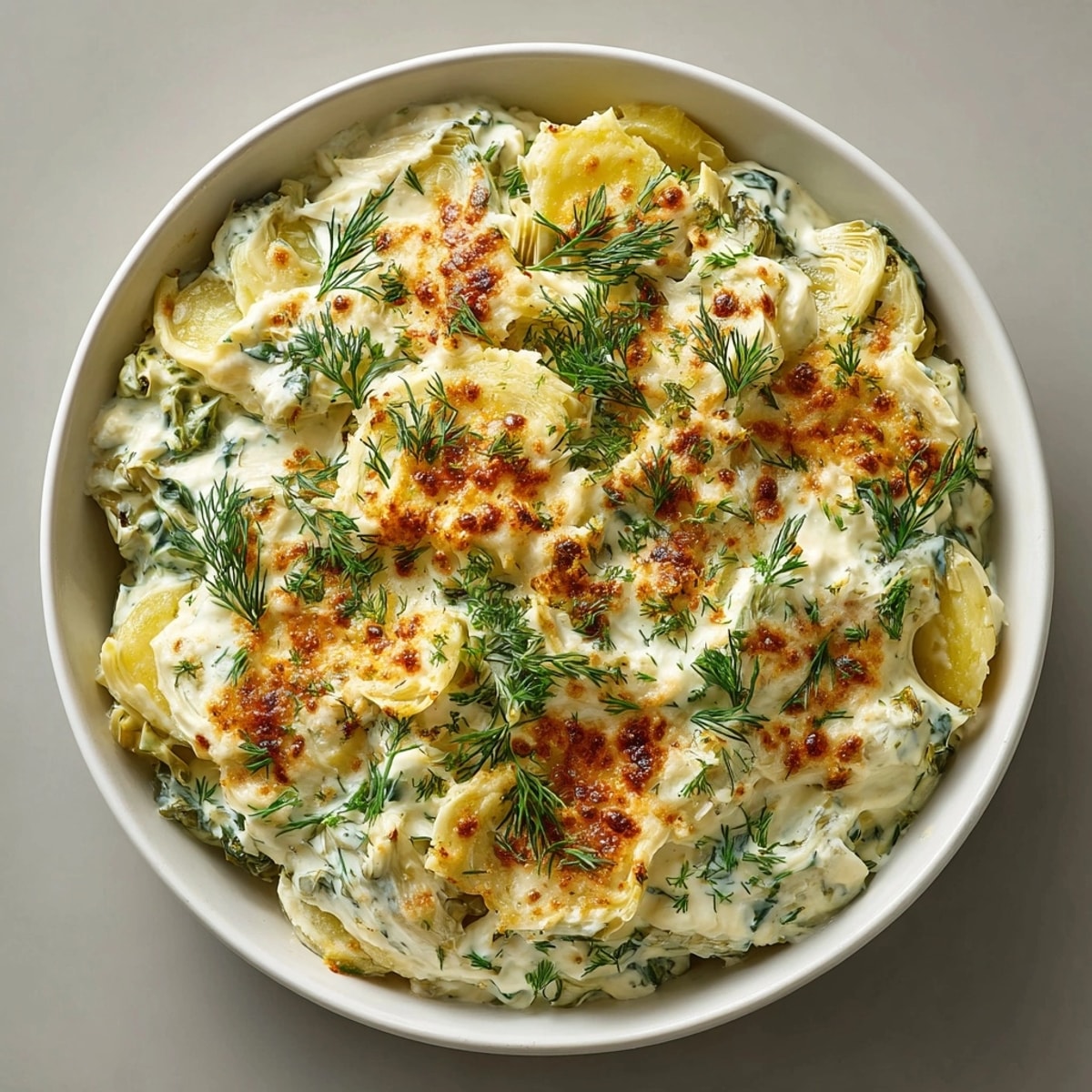 Oven-baked dill pickle spinach artichoke bake bubbling, featuring a golden, cheesy crust for dipping.