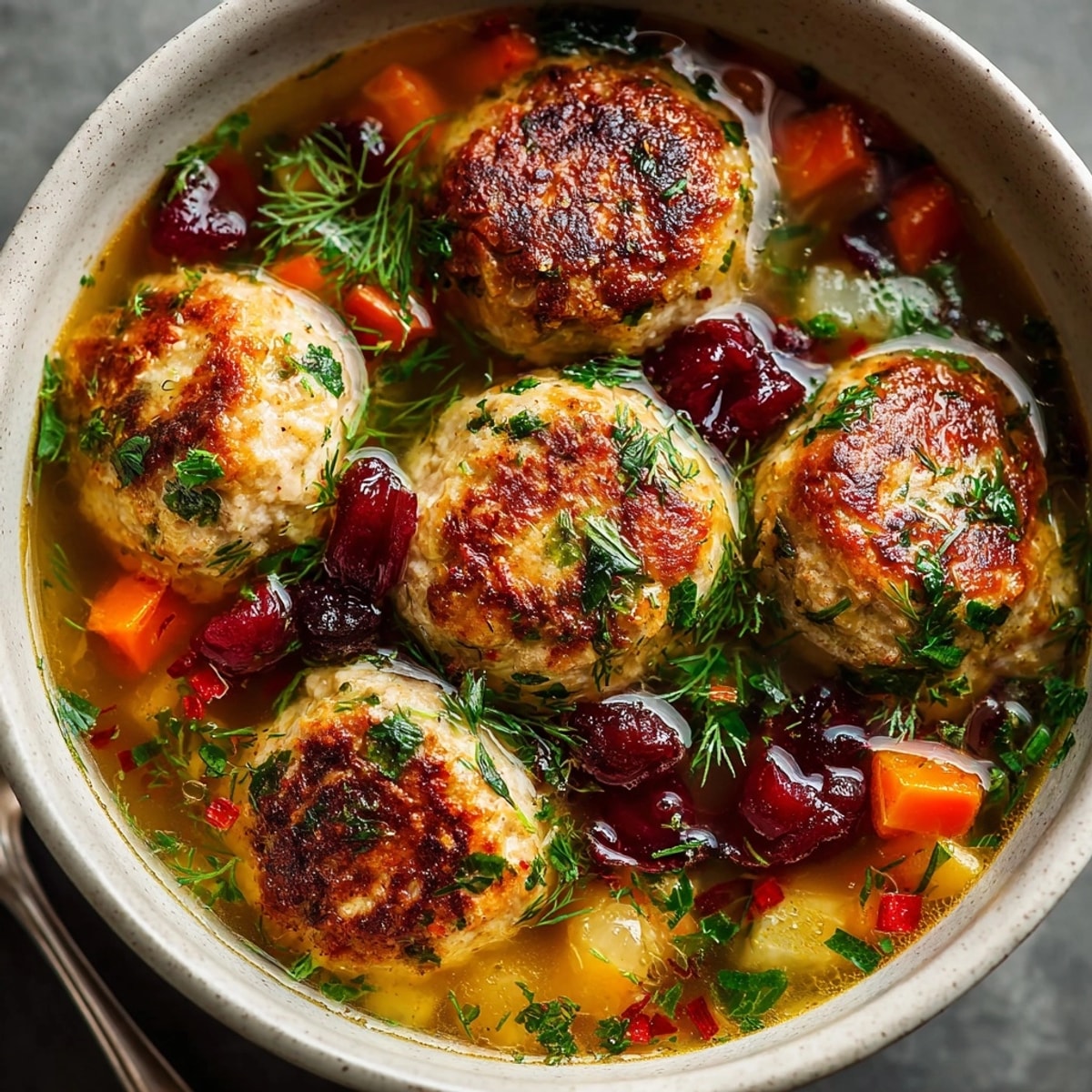 Steaming bowl of Cherry-Coded Sour Cherry Turkey Meatball Soup, garnished with fresh dill, ready to eat.