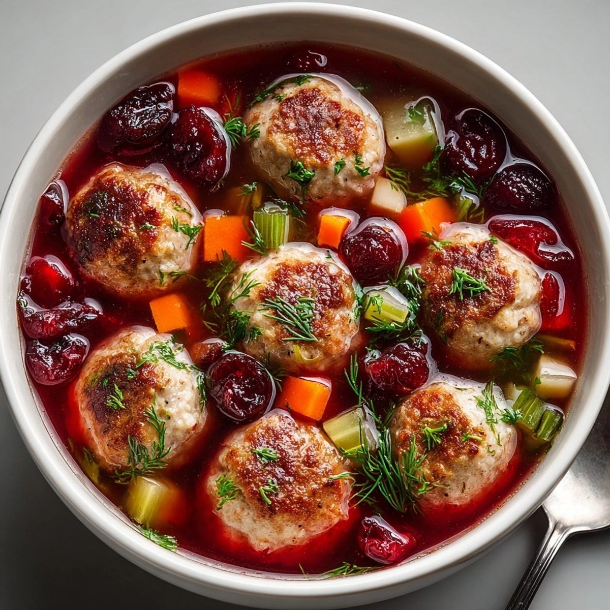 A close-up shows the comforting, flavorful Cherry-Coded Sour Cherry Turkey Meatball Soup after cooking.