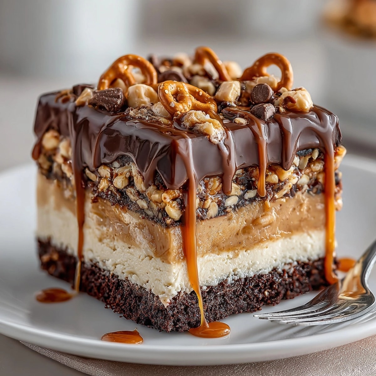 Imagine the textures of the Chaos Cake Peanut Butter Pretzel Bar Tangle: crunchy pretzels and creamy peanut butter delight.