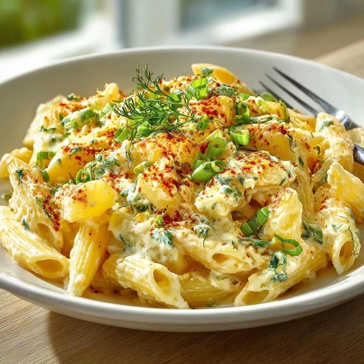 Steaming bowl of Pickle and Cheddar Loaded Potato Pasta, rich with cheddar and crunchy pickles.