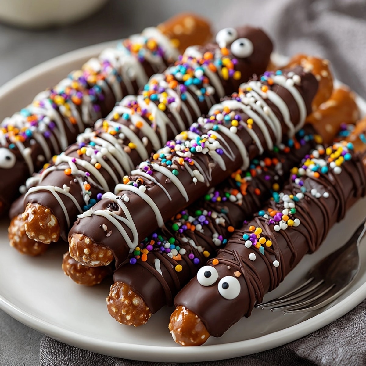 Spooky spider leg chocolate pretzel wraps, a Halloween dessert featuring crunchy chocolate-covered pretzels.