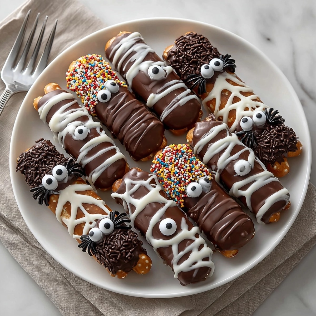 Delicious Spooky Spider Leg chocolate pretzel wraps with melted chocolate, a spooky dessert ready in minutes.