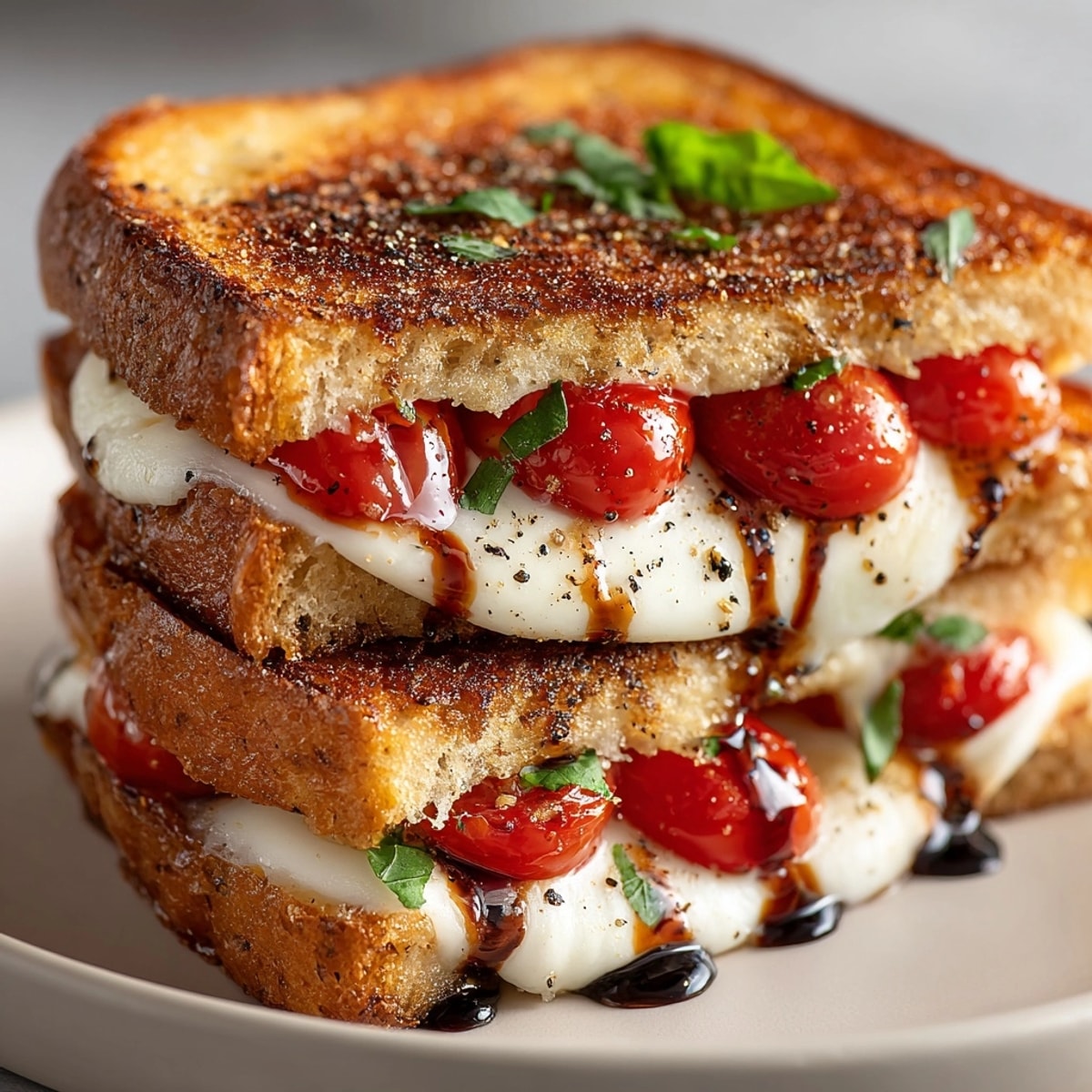 Cherry Tomato Caprese Grilled Cheese featuring golden, melted mozzarella and juicy tomatoes, ready to savor.
