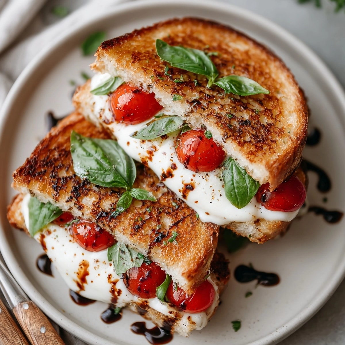Crispy sourdough encloses a flavorful Cherry Tomato Caprese Grilled Cheese, a gourmet twist with fresh ingredients.