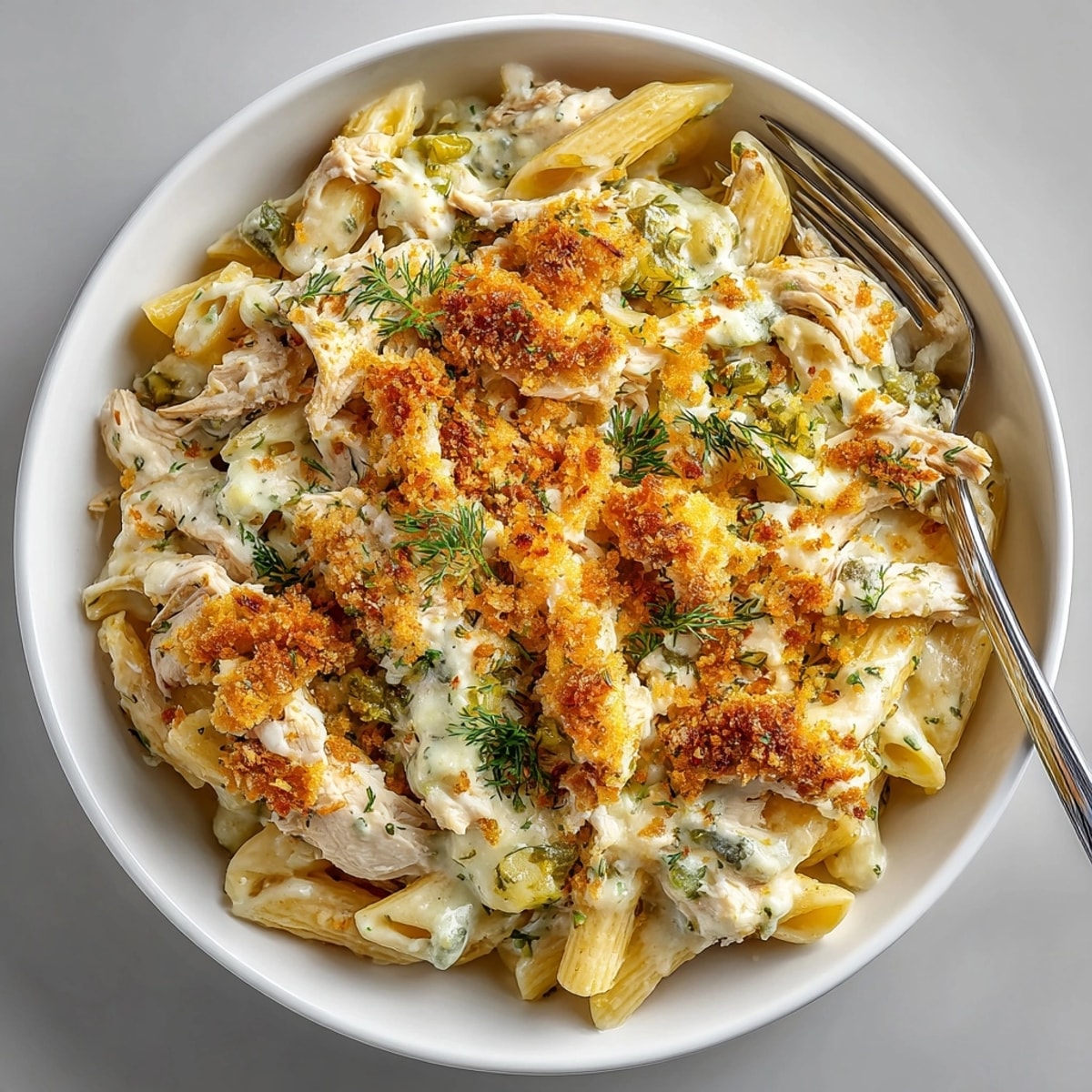 Close-up of a savory pickle chip crusted chicken pasta bake, ready to serve with fresh parsley.