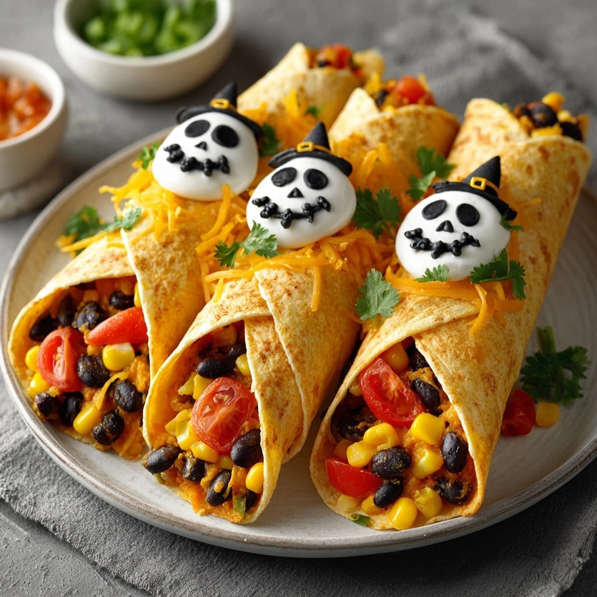 Delicious, golden-brown Halloween Witch Hat Tortilla Wraps ready to be eaten, fun for parties!