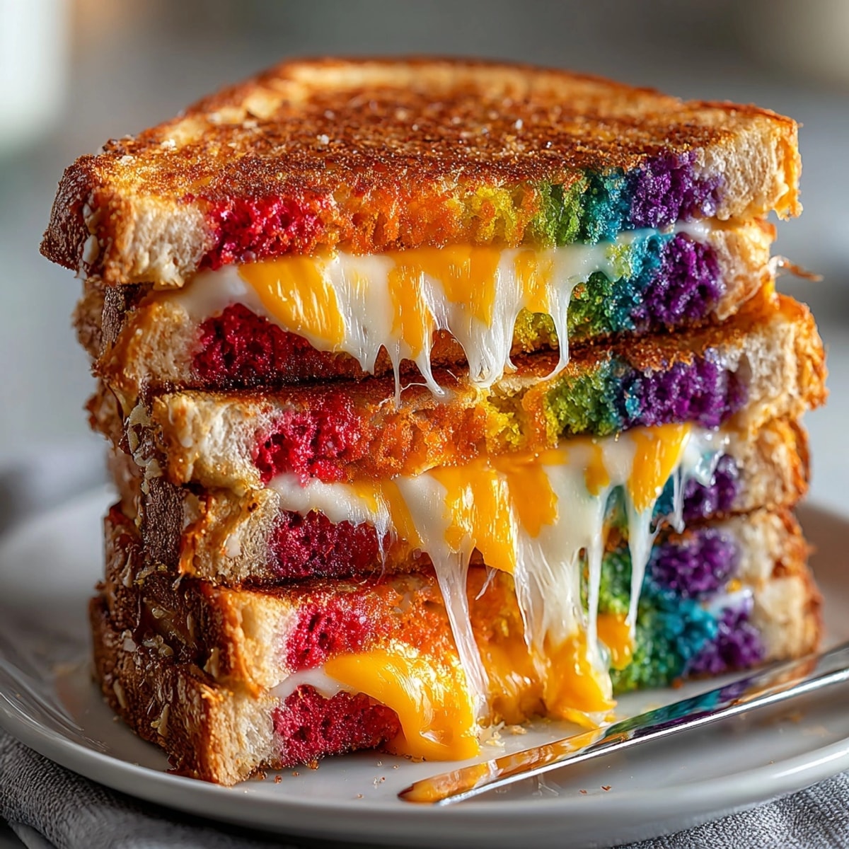 Chaos-Style Funky Colored Grilled Cheese: A vibrant, melty sandwich showcasing colorful cheeses on rainbow bread.