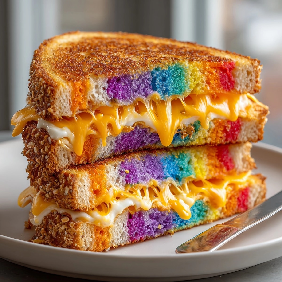 Grilled Chaos-Style Funky Colored Grilled Cheese, a visual feast: showing melted cheese oozing out of toasted rainbow bread.