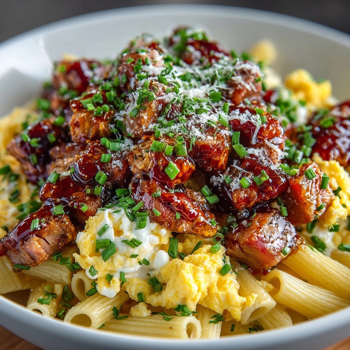Cherry Glazed Ham Breakfast Pasta: a plate of pasta with succulent cherry-glazed ham, ready to eat.
