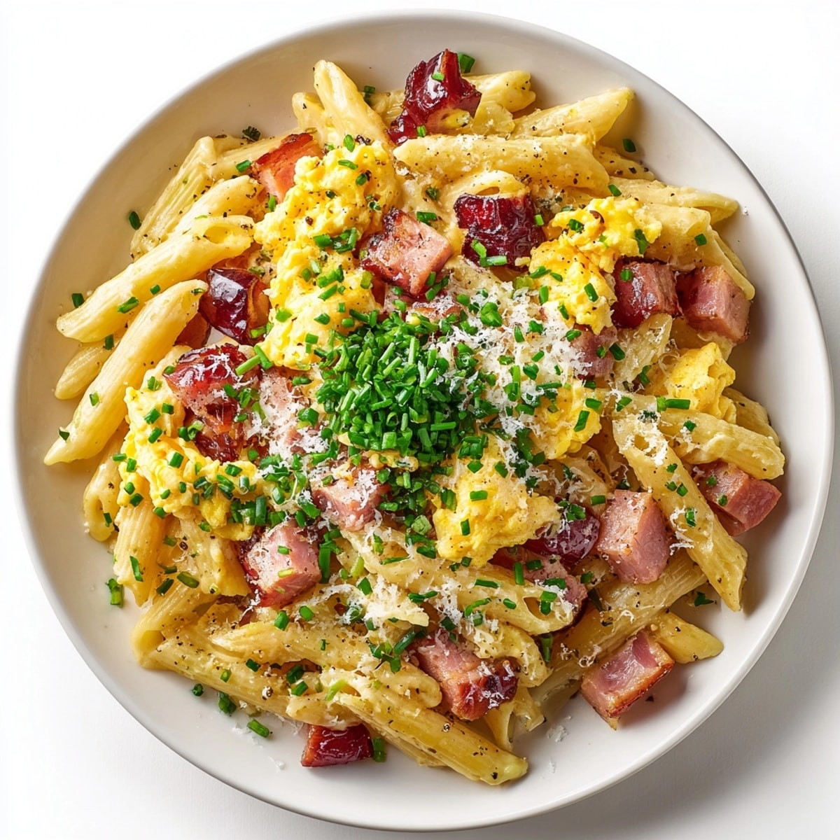 See a closeup of the savory Cherry Glazed Ham Breakfast Pasta tossed with eggs, herbs, and cheese.