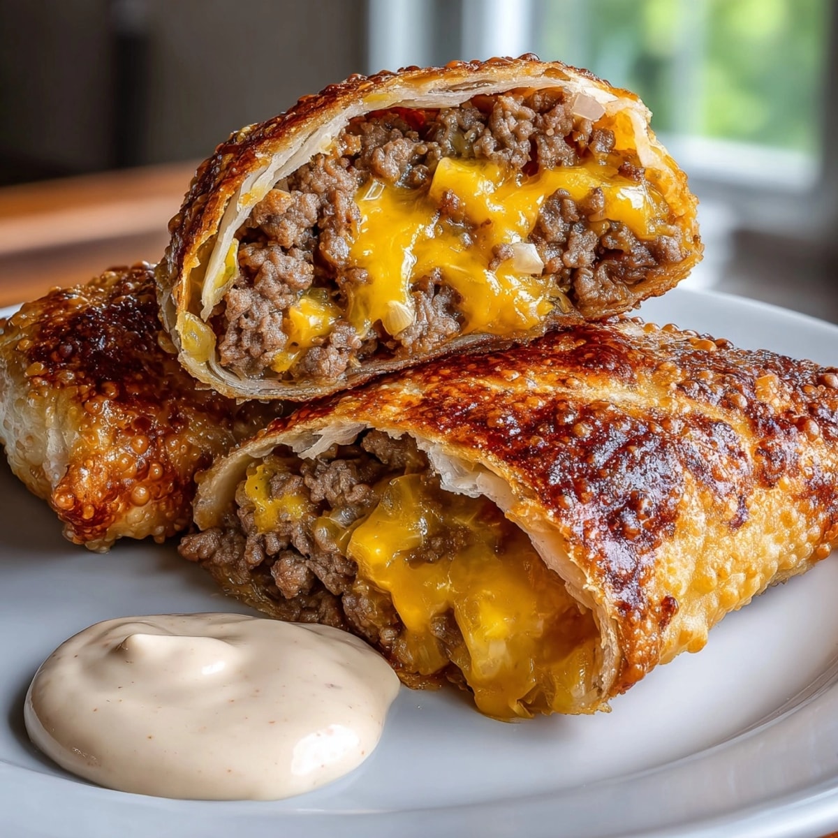 Golden-brown Cheeseburger Egg Rolls, a crispy appetizer filled with savory ground beef and cheese.