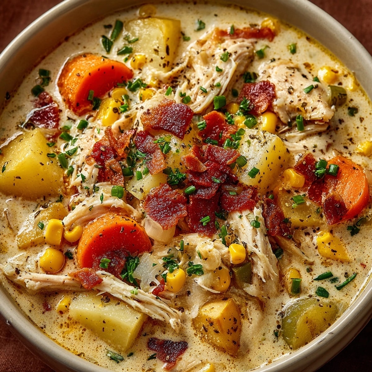 Steaming bowl of Creamy Chicken and Corn Chowder, garnished with fresh herbs, inviting aroma.