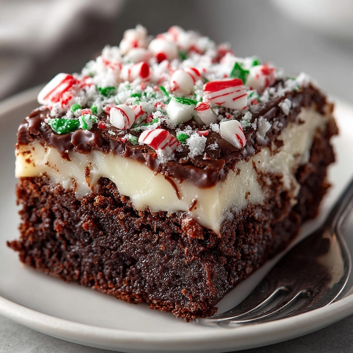 Fudgy Chocolate Peppermint Bark Brownies, a holiday treat with peppermint and white chocolate topping.