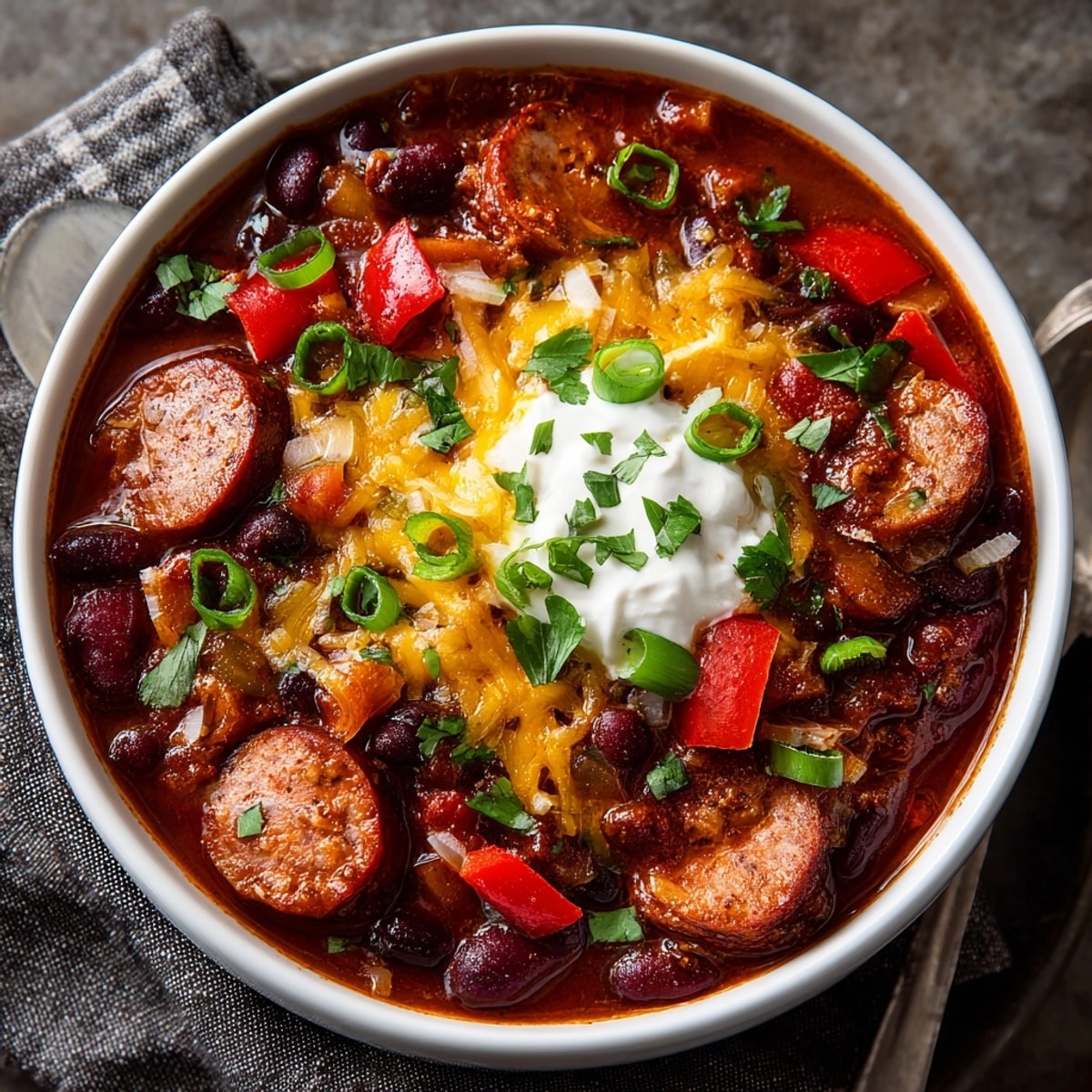 Garnished Sausage and Bean Chili: a flavorful bowl of chili ready to be enjoyed with cheese and sour cream.