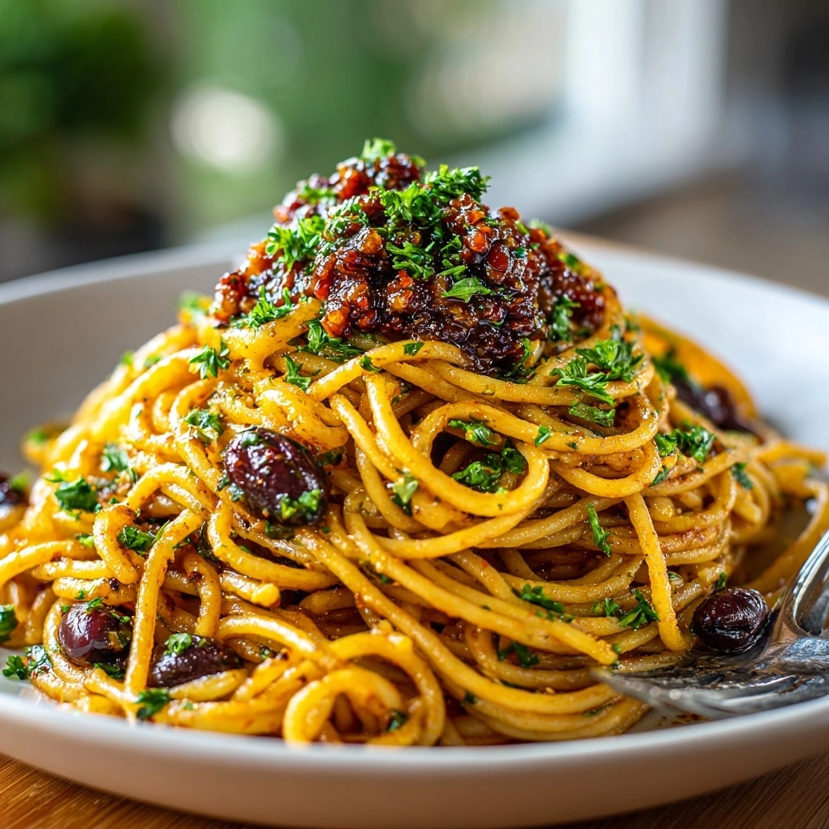 Close-up photo of steaming Lentil Pasta Puttanesca, showcasing the rich sauce and olive tapenade.
