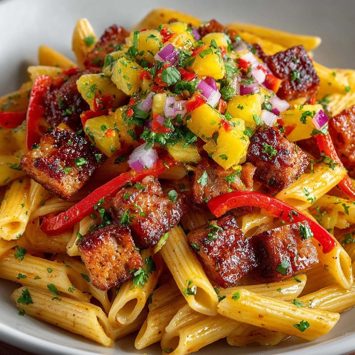 Hawaiian Spam Pasta dish with vibrant pineapple salsa, a delightful fusion of flavors.
