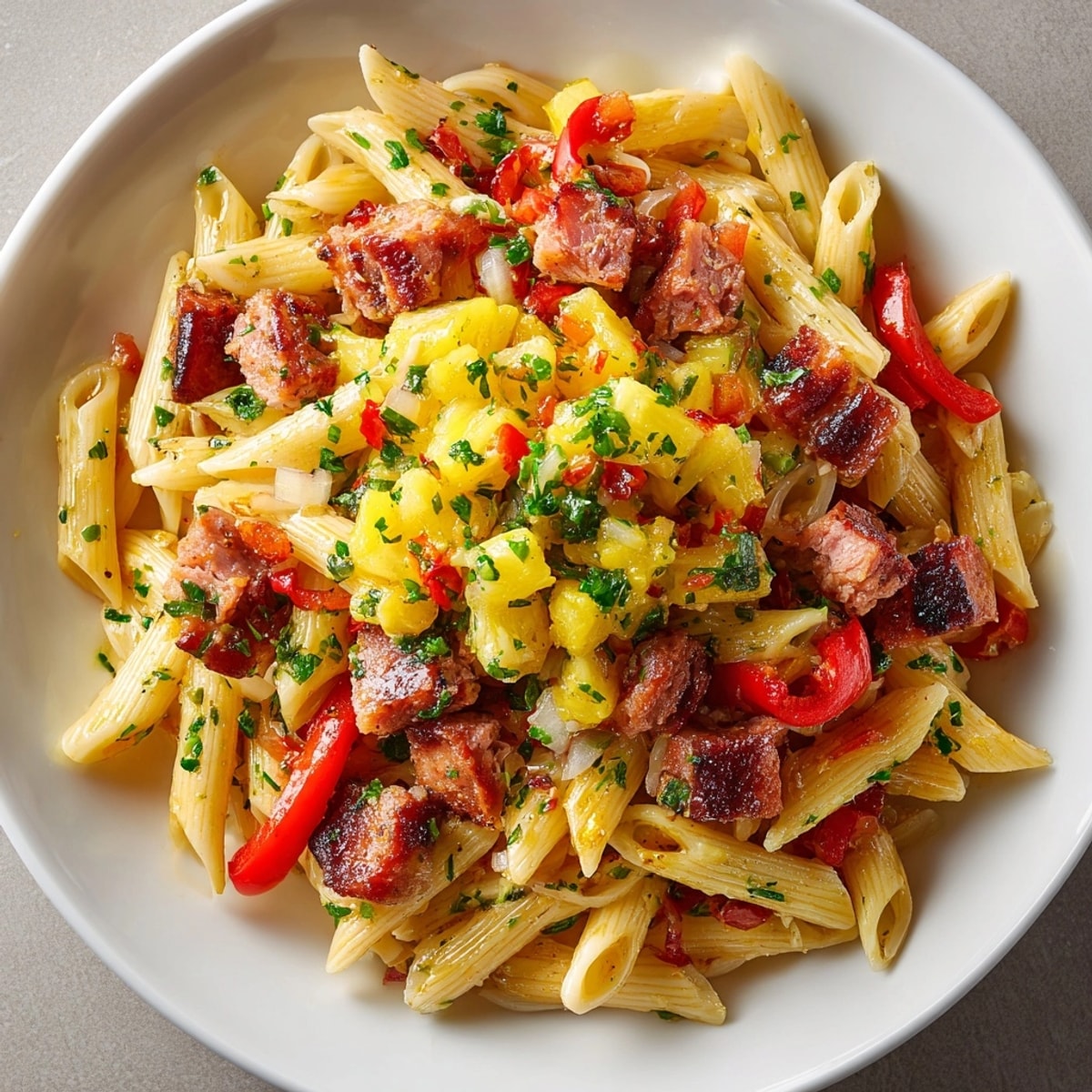Close-up photo of delicious Hawaiian Spam Pasta, bursting with pineapple salsa and fresh cilantro.
