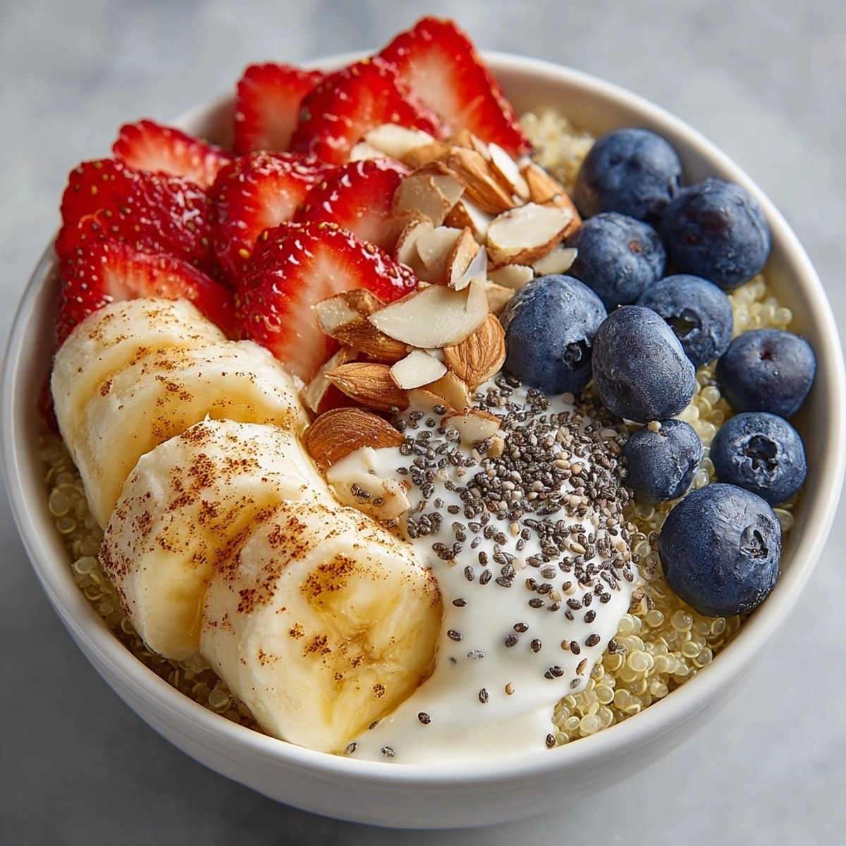 Protein-Rich Quinoa Breakfast Bowl with fresh berries, banana slices, and crunchy seeds for a vibrant morning meal.