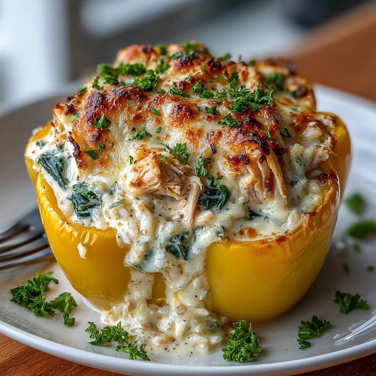 Freshly baked Chicken Alfredo Stuffed Peppers with creamy filling, bubbling cheese, and vibrant bell peppers ready to serve.