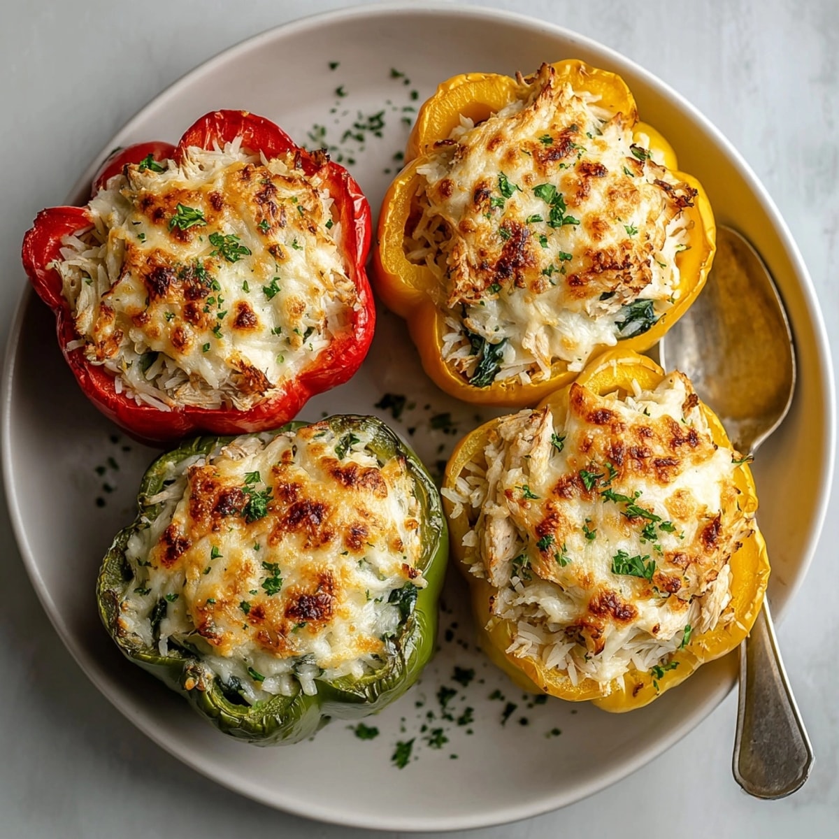Close-up of savory Chicken Alfredo Stuffed Peppers showcasing tender chicken, rich Alfredo sauce, and melted mozzarella.