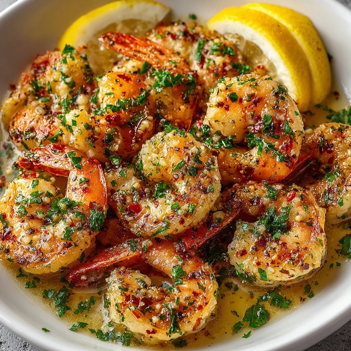 Shrimp Scampi with Garlic Butter served over pasta, glistening with golden sauce and fresh parsley.