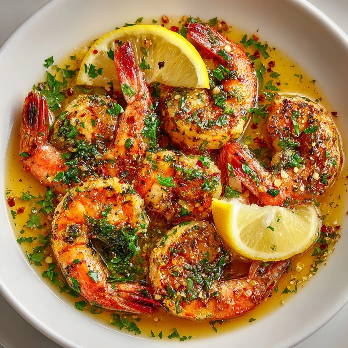 Close-up of Shrimp Scampi with Garlic Butter nestled beside crusty bread and vibrant chopped parsley.
