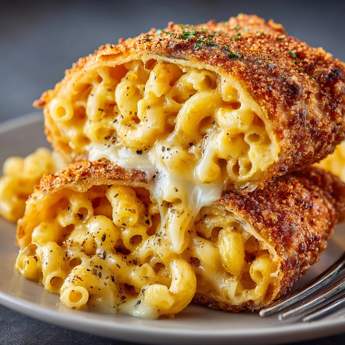 Mac and Cheese Egg Rolls served golden brown with gooey cheese inside and crispy wrappers on a platter.