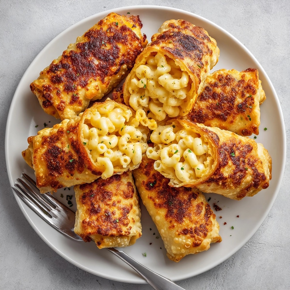 Plated Mac and Cheese Egg Rolls featuring creamy filling bursting from flaky, crunchy shells, ideal appetizer style.