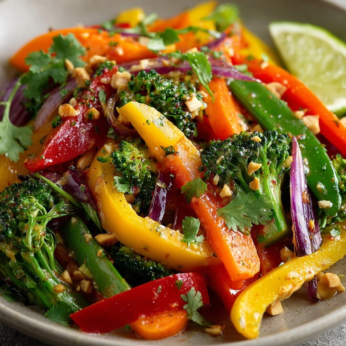 Colorful Thai Peanut Vegetable Stir-Fry with bell peppers and broccoli served over jasmine rice