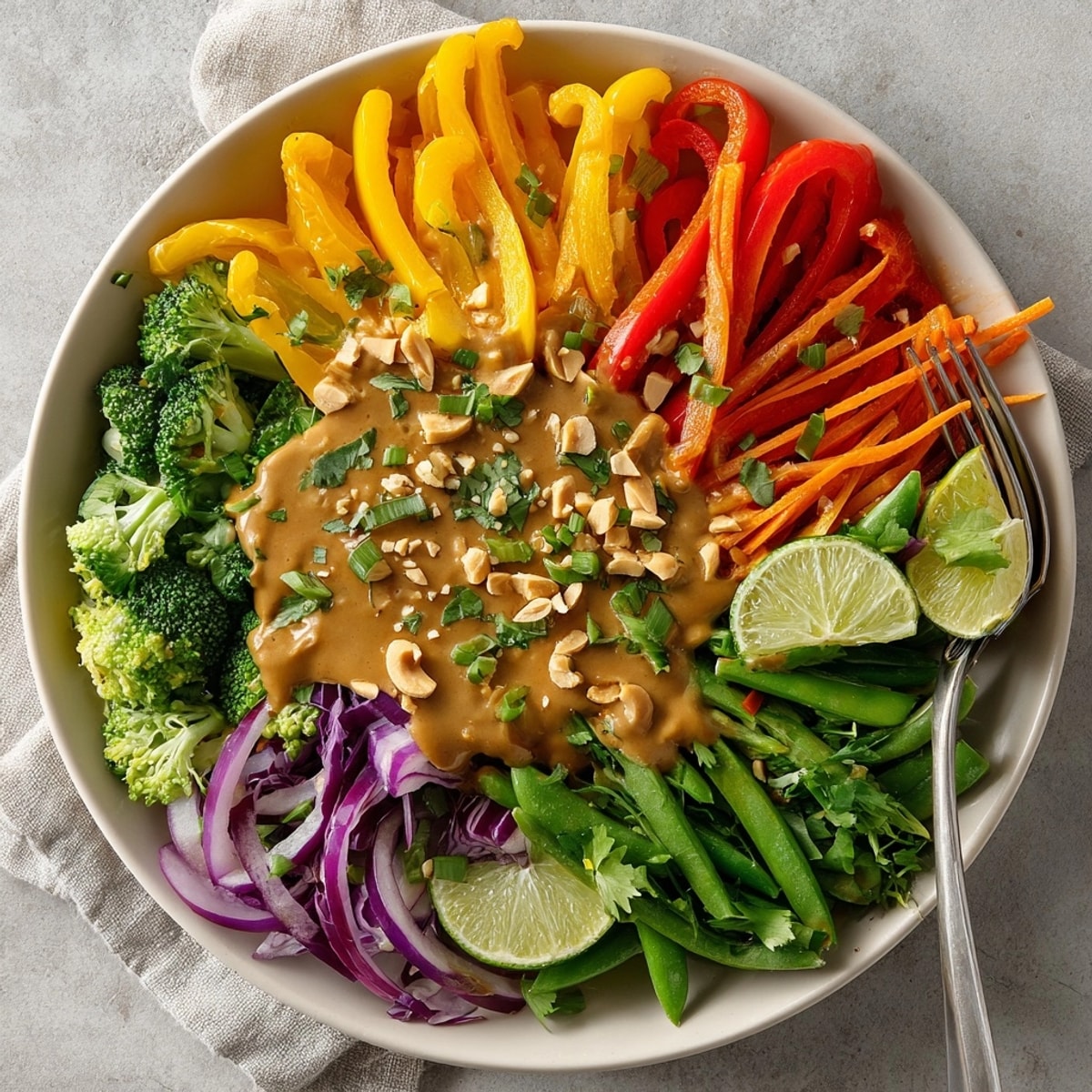 Vibrant Thai Peanut Vegetable Stir-Fry garnished with chopped peanuts, lime wedges, and green onions